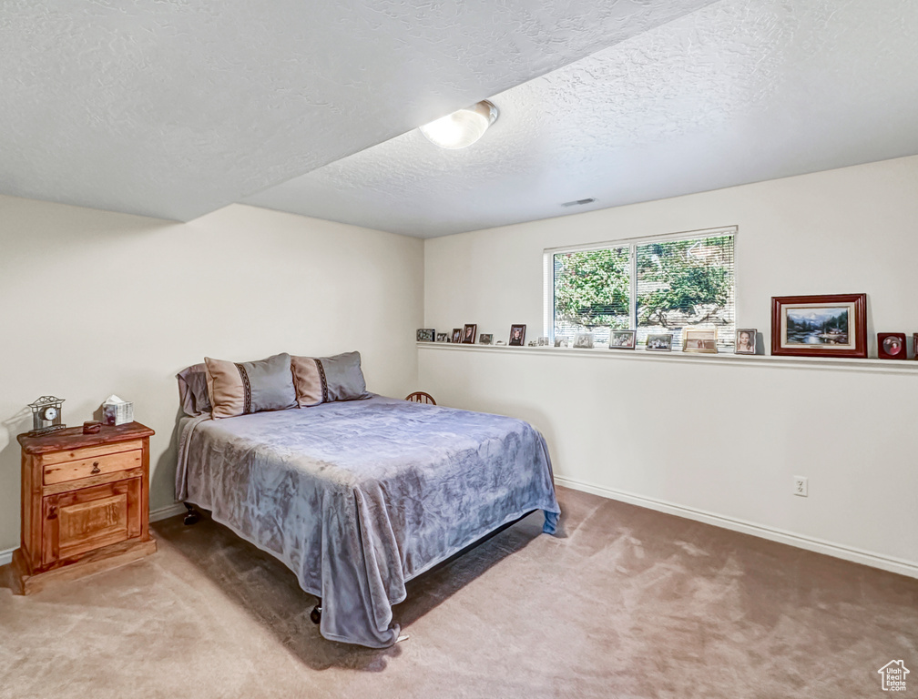 Bedroom featuring carpet and a textured ceiling