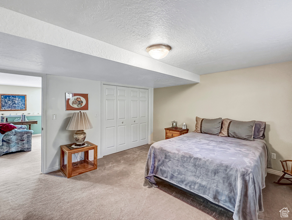 Carpeted bedroom with a closet and a textured ceiling