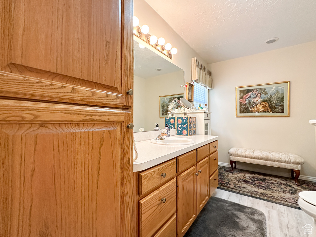 Bathroom with hardwood / wood-style flooring, vanity, and toilet