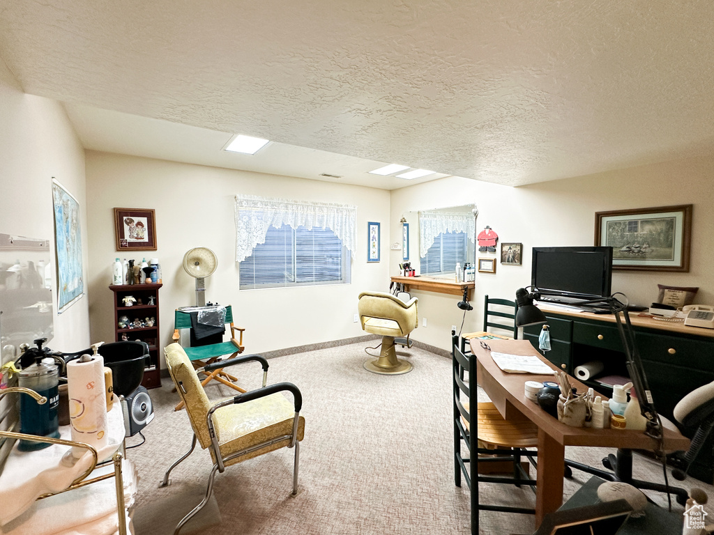 Carpeted home office featuring a textured ceiling