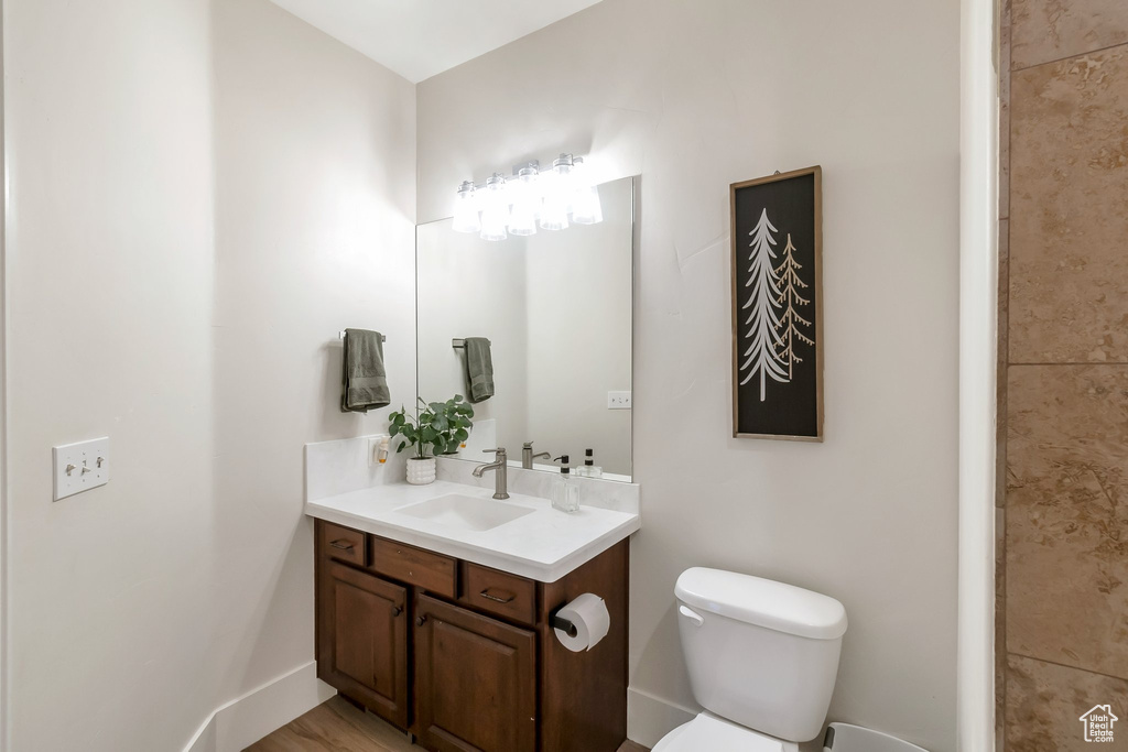 Bathroom featuring hardwood / wood-style flooring, vanity, and toilet