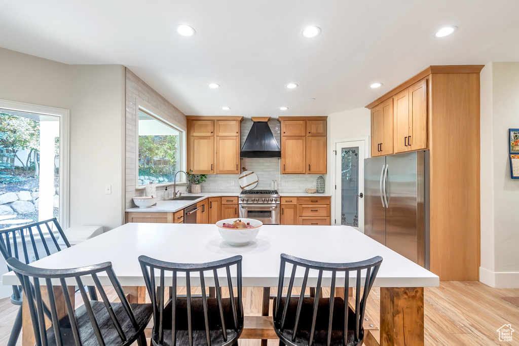 Kitchen with custom exhaust hood, sink, appliances with stainless steel finishes, light hardwood / wood-style floors, and decorative backsplash