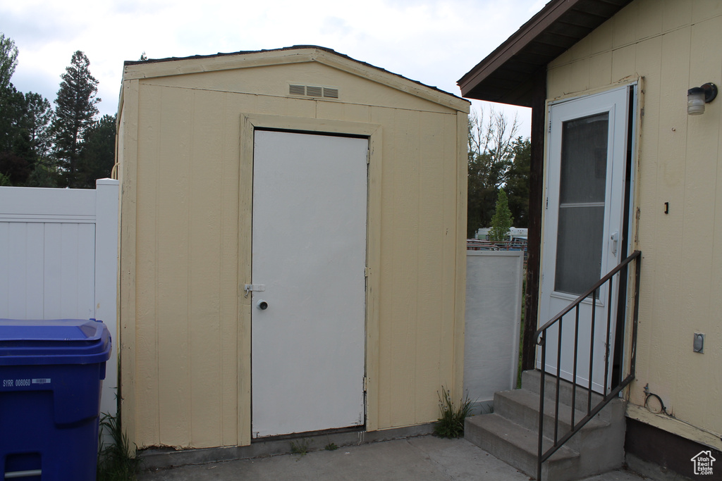 View of shed featuring entry steps