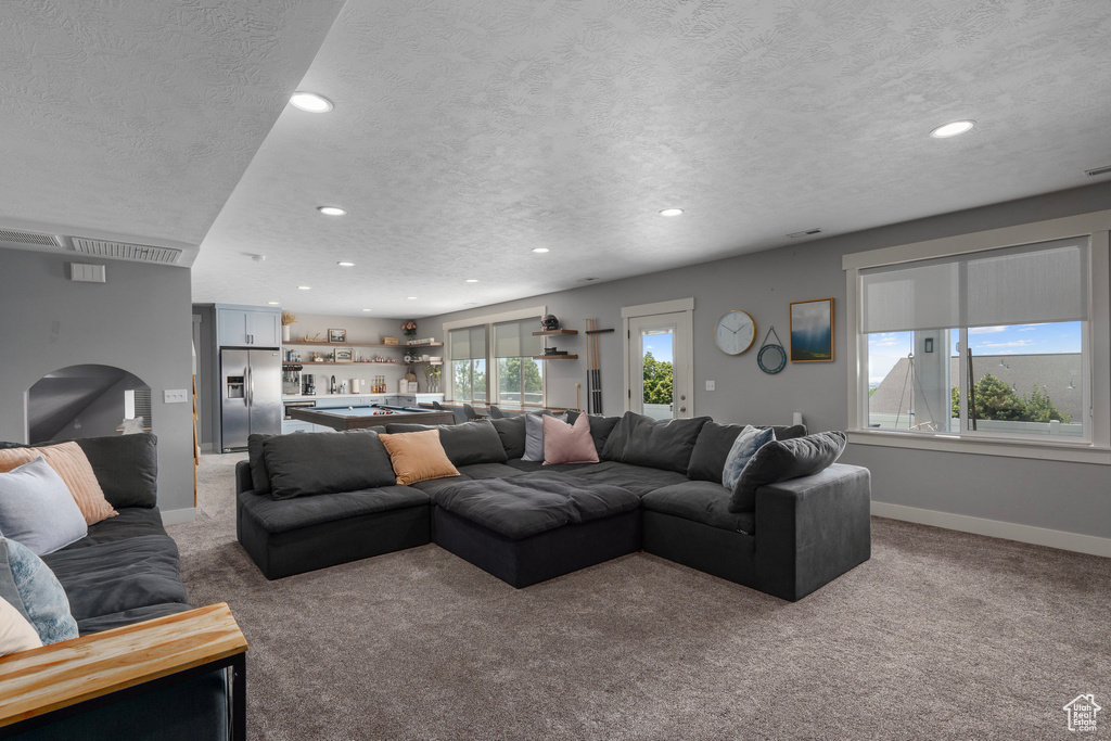 Carpeted living room with a textured ceiling