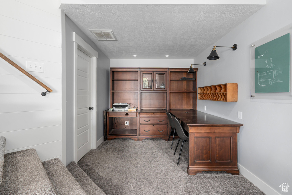 Office featuring a textured ceiling and carpet