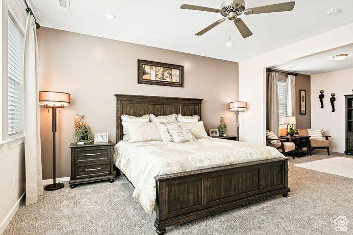 Carpeted bedroom with multiple windows and ceiling fan