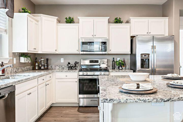 Kitchen featuring white cabinets, light stone countertops, dark hardwood / wood-style flooring, stainless steel appliances, and sink