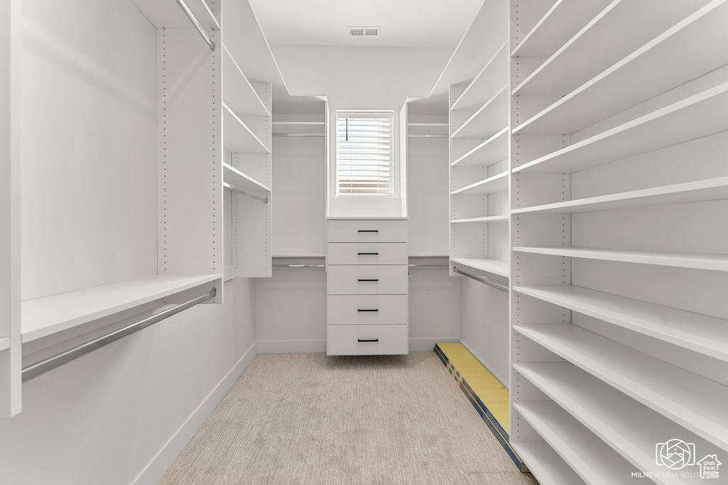 Spacious closet with light colored carpet