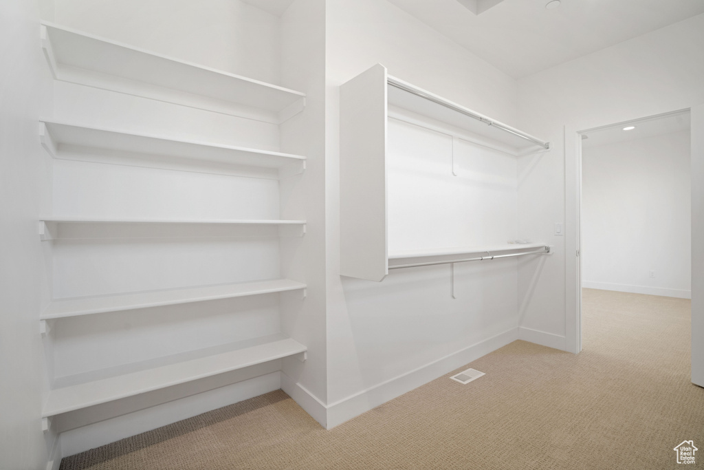 Spacious closet with light colored carpet