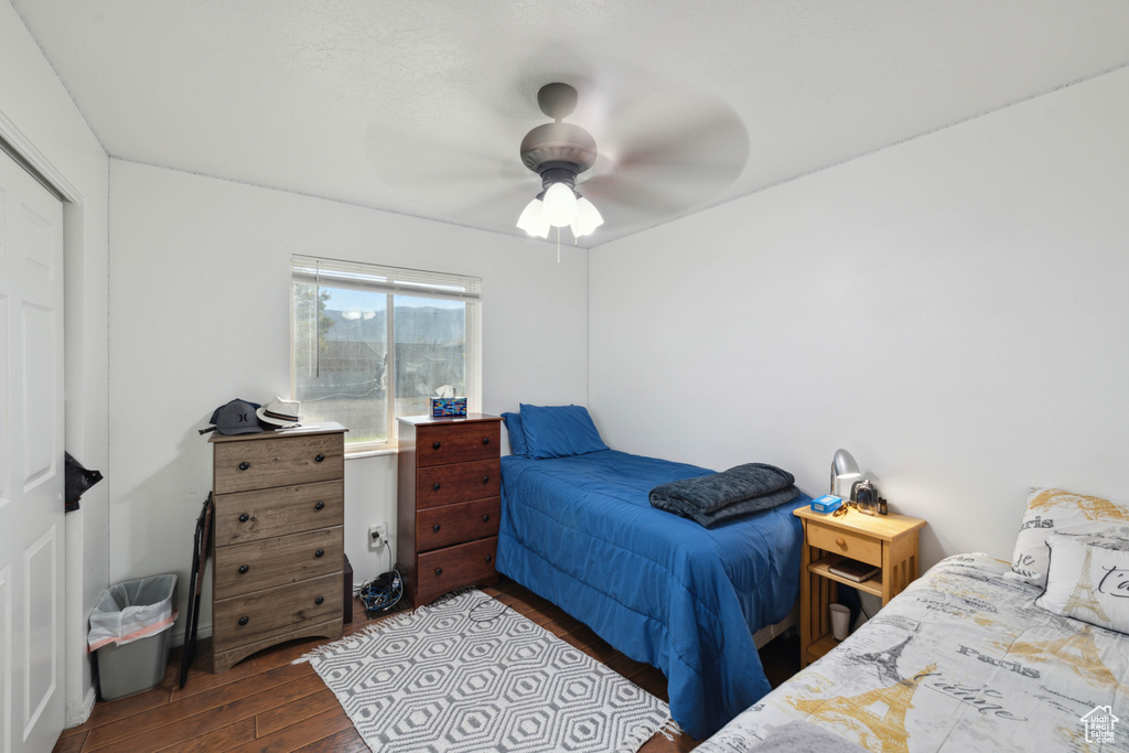 Bedroom with a closet, ceiling fan, and hardwood / wood-style floors