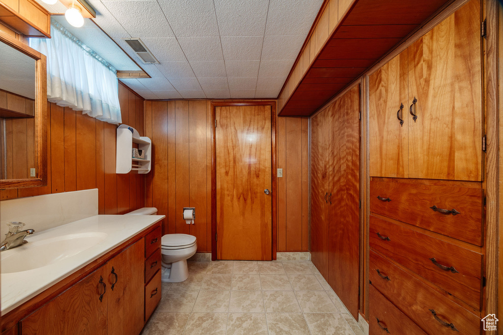 Bathroom with wooden walls, vanity, and toilet