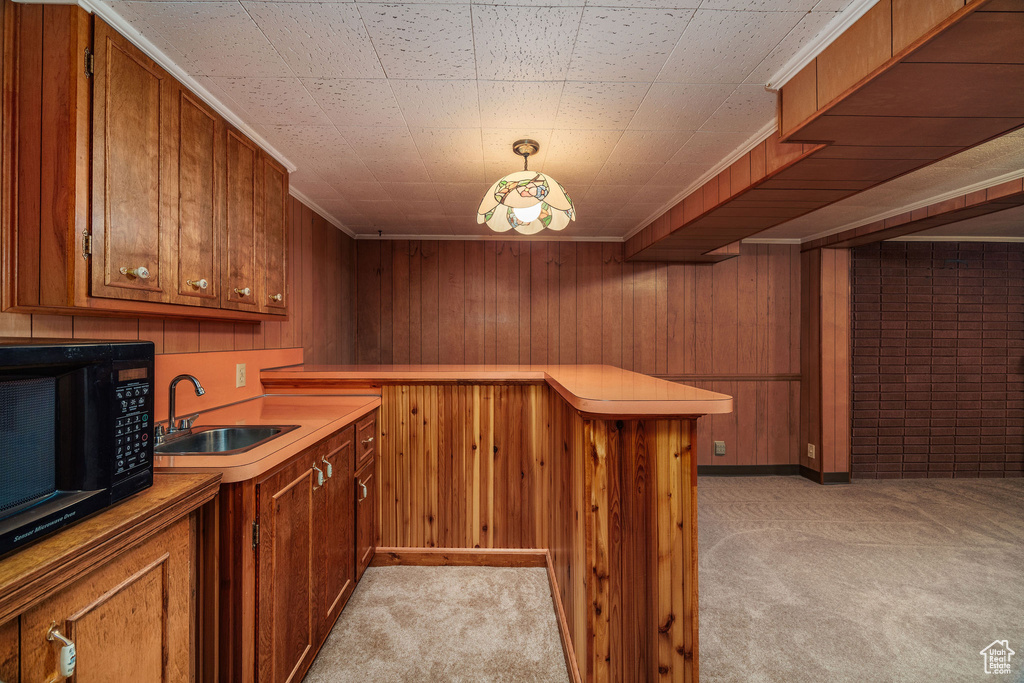 Bar with wood walls, light colored carpet, hanging light fixtures, and sink