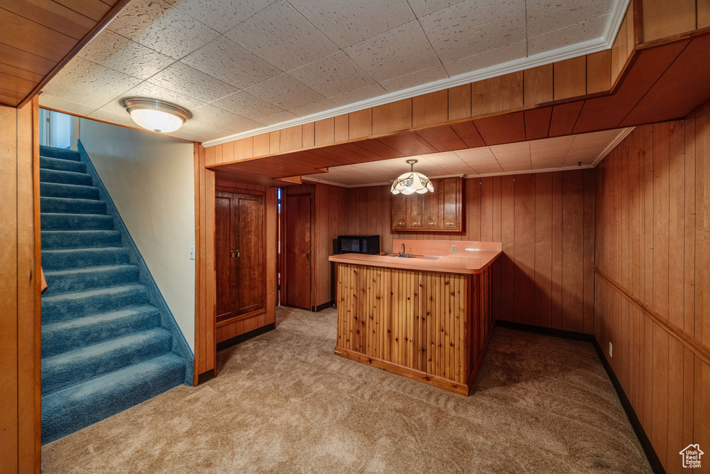 Bar featuring light colored carpet, wooden walls, ornamental molding, and decorative light fixtures