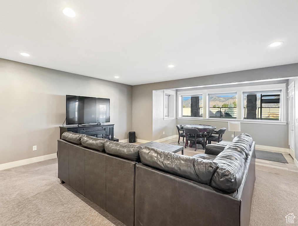 Living room with light carpet