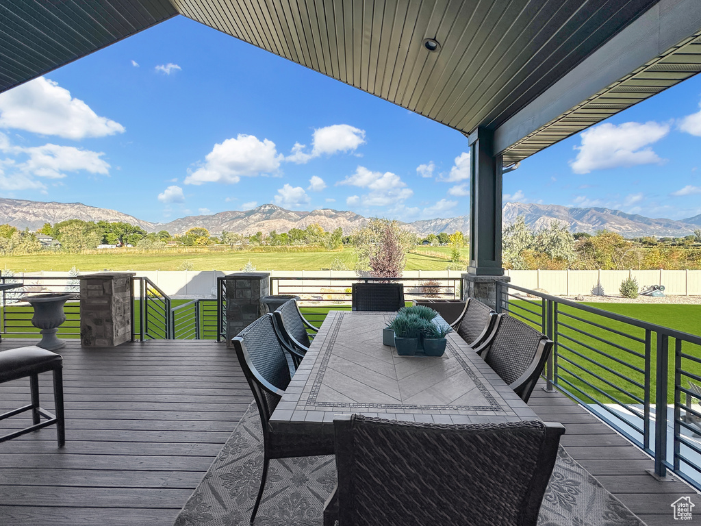 Deck featuring a mountain view and a lawn