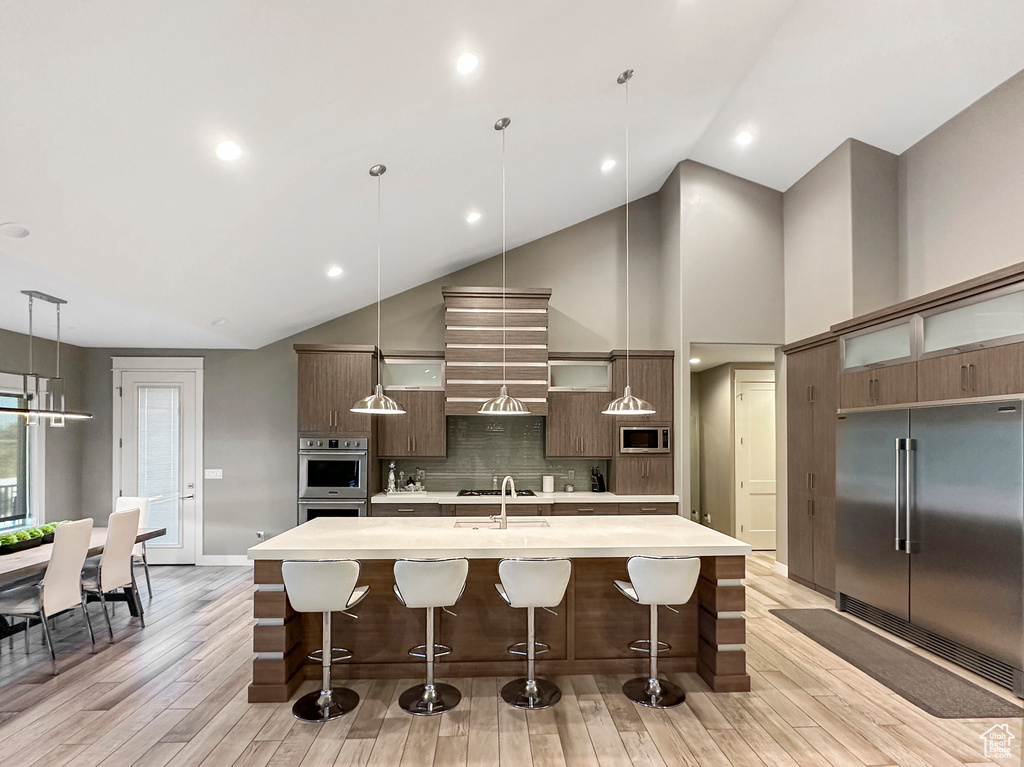 Kitchen with light hardwood / wood-style floors, an island with sink, a kitchen breakfast bar, stainless steel appliances, and decorative light fixtures