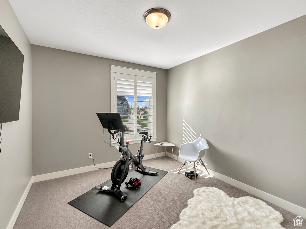 Workout area featuring carpet flooring