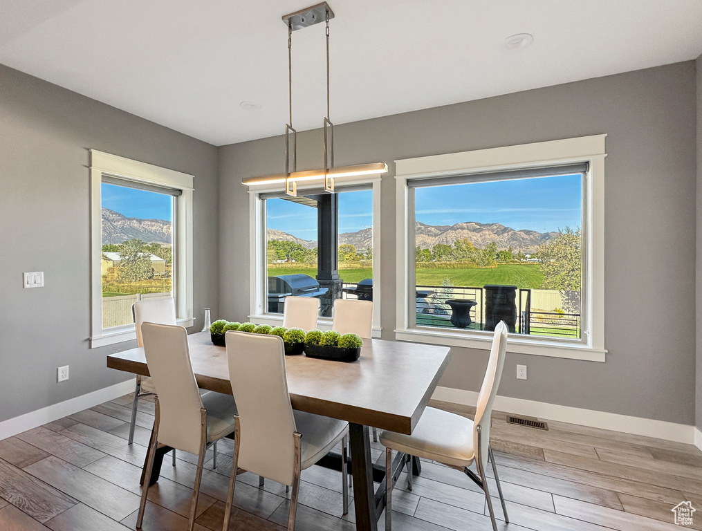 Dining room featuring a mountain view, light wood-type flooring, and plenty of natural light