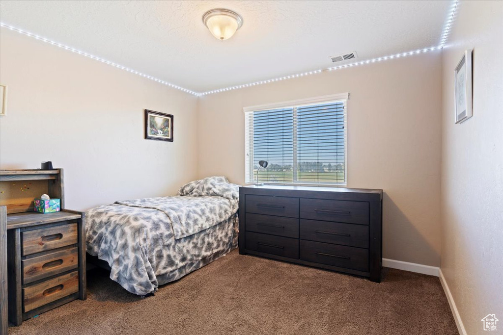 Bedroom with dark carpet