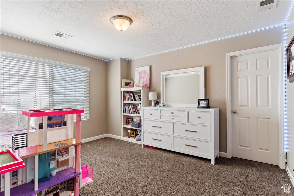 Recreation room with a textured ceiling and dark colored carpet