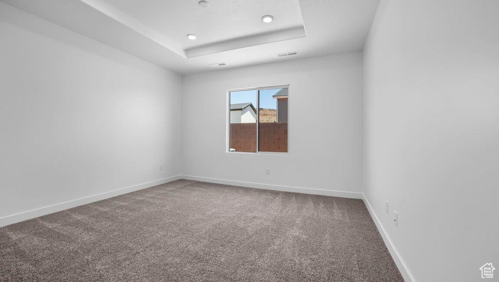 Carpeted spare room with a raised ceiling