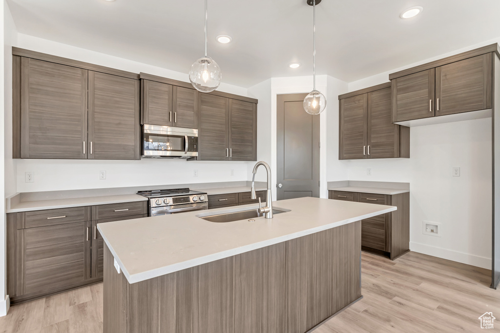 Kitchen featuring light hardwood / wood-style floors, appliances with stainless steel finishes, decorative light fixtures, and sink