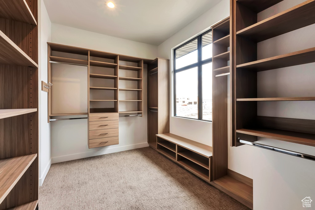 Walk in closet featuring light colored carpet