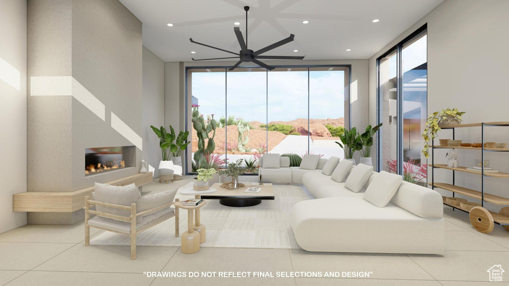 Living room featuring floor to ceiling windows, ceiling fan, plenty of natural light, and light tile patterned flooring