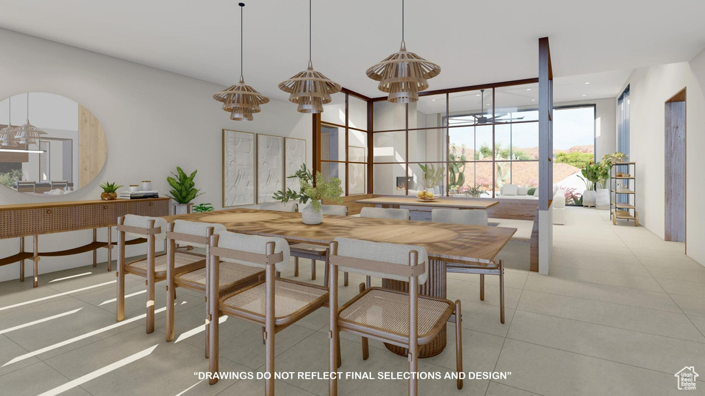 Dining space featuring a wall of windows and light tile patterned floors