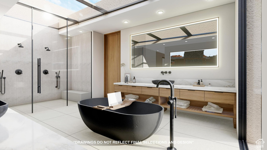 Bathroom featuring independent shower and bath, vanity, and tile patterned floors