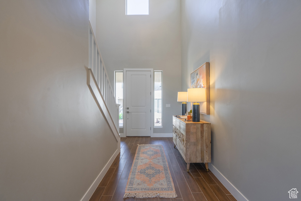 Entryway with dark hardwood / wood-style floors and a high ceiling