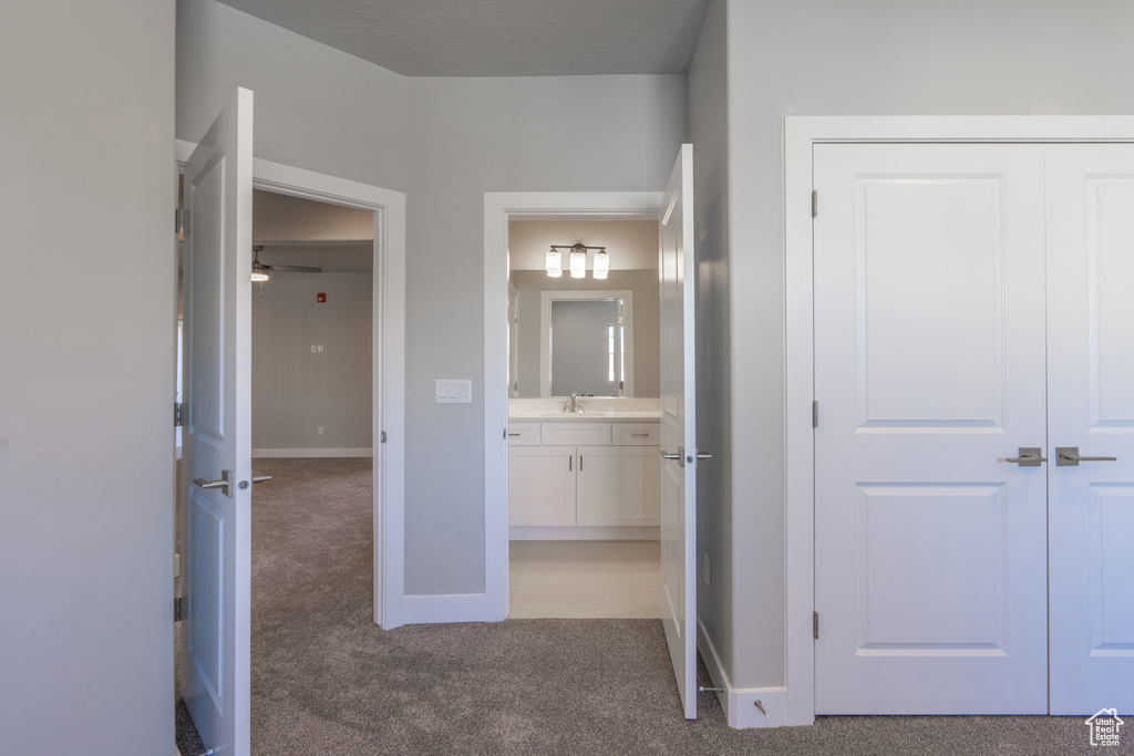 Hall featuring light colored carpet and sink
