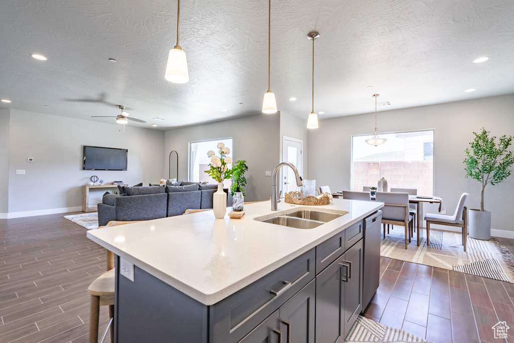 Kitchen featuring a center island with sink, sink, pendant lighting, and dark hardwood / wood-style flooring