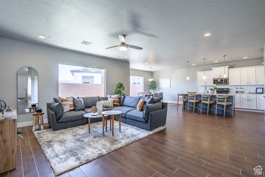 Living room featuring ceiling fan, a textured ceiling, dark hardwood / wood-style floors, and sink