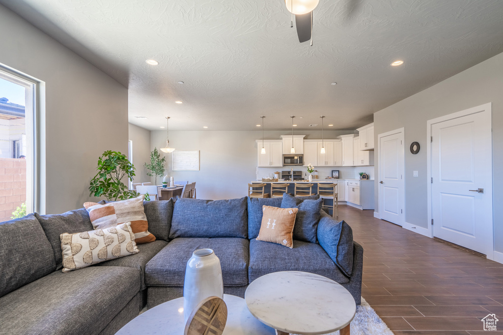 Living room featuring ceiling fan, a textured ceiling, and dark wood-type flooring