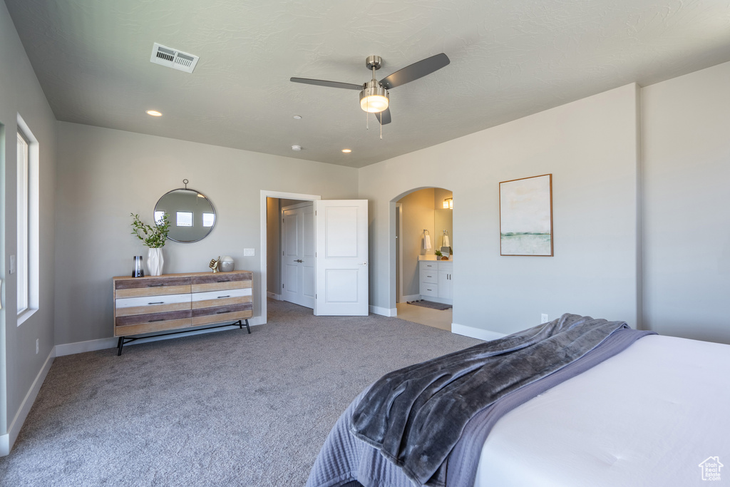 Carpeted bedroom with ceiling fan, ensuite bathroom, and multiple windows