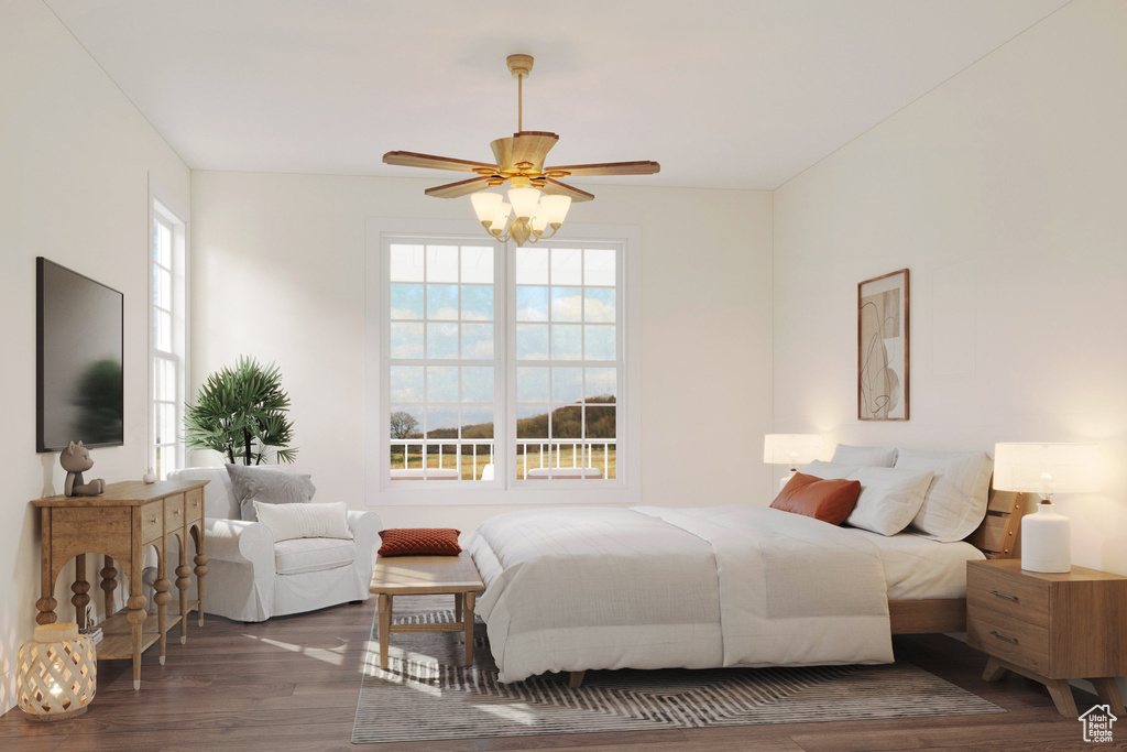 Bedroom featuring multiple windows, dark hardwood / wood-style floors, and ceiling fan