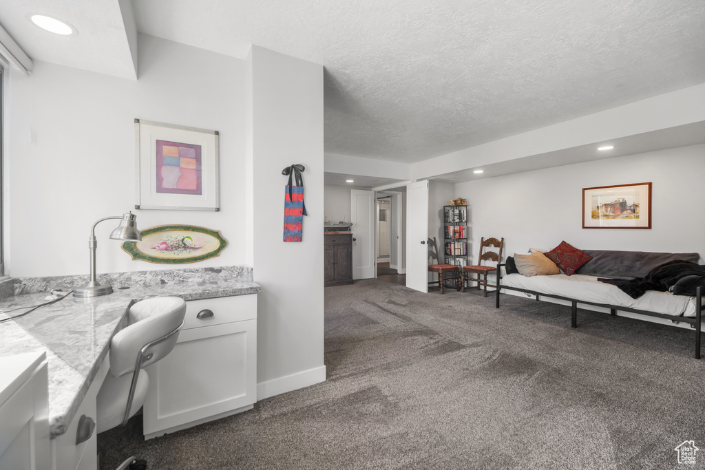 Interior space with a textured ceiling and dark carpet