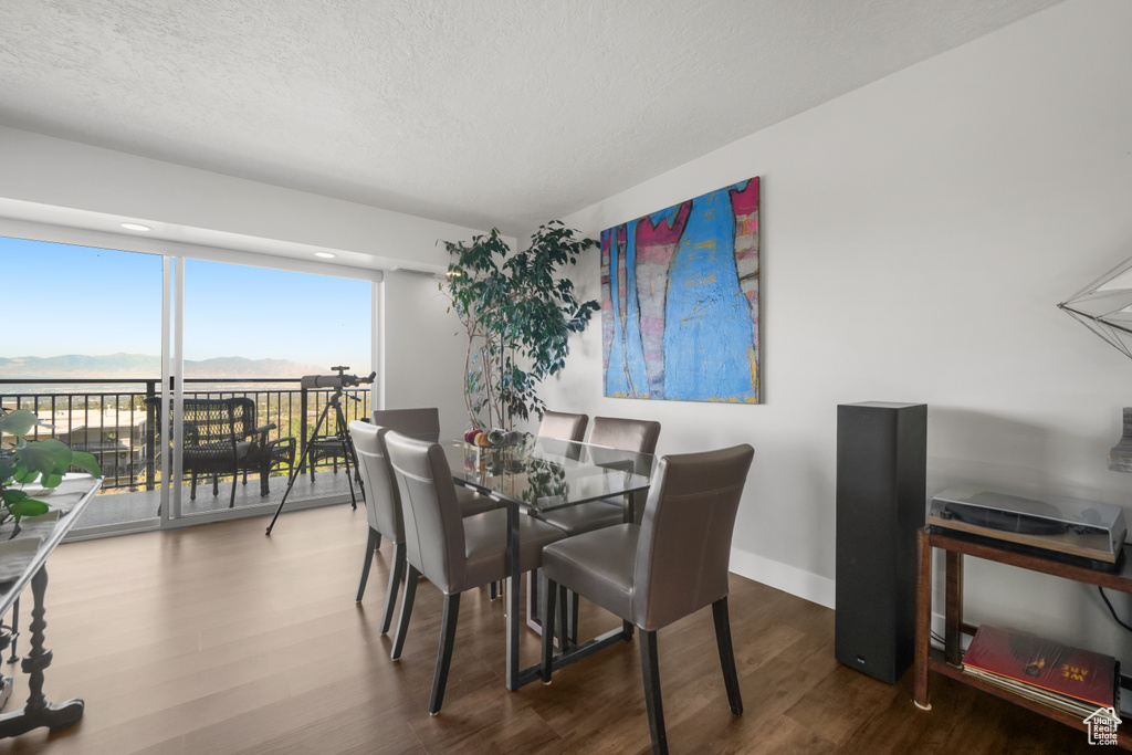 Dining room featuring a mountain view, a textured ceiling, and hardwood / wood-style floors