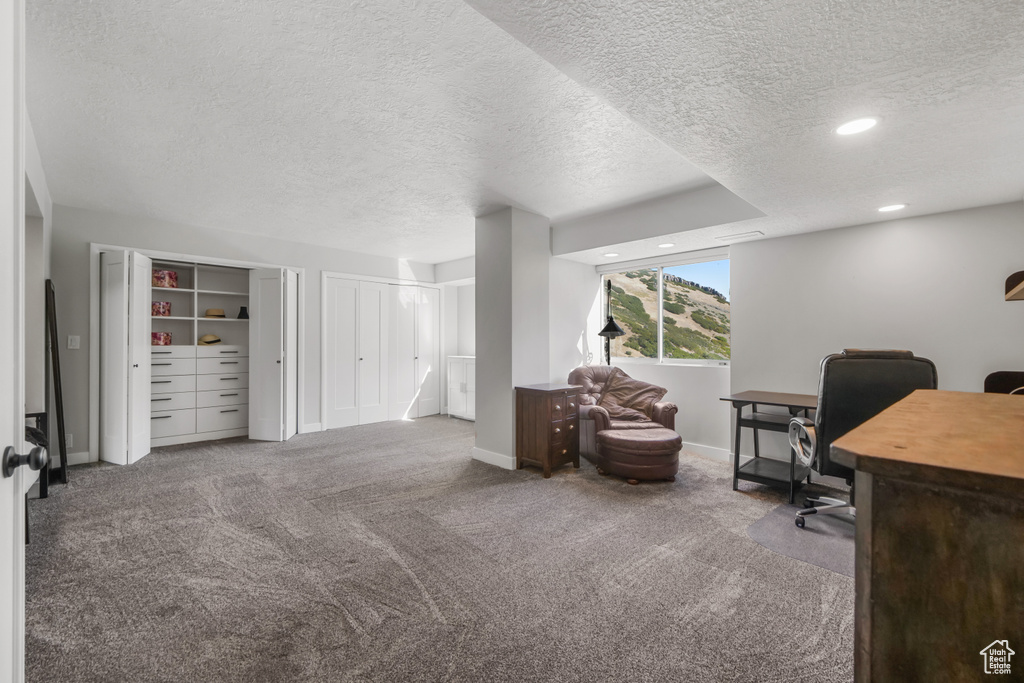 Home office featuring a textured ceiling and carpet