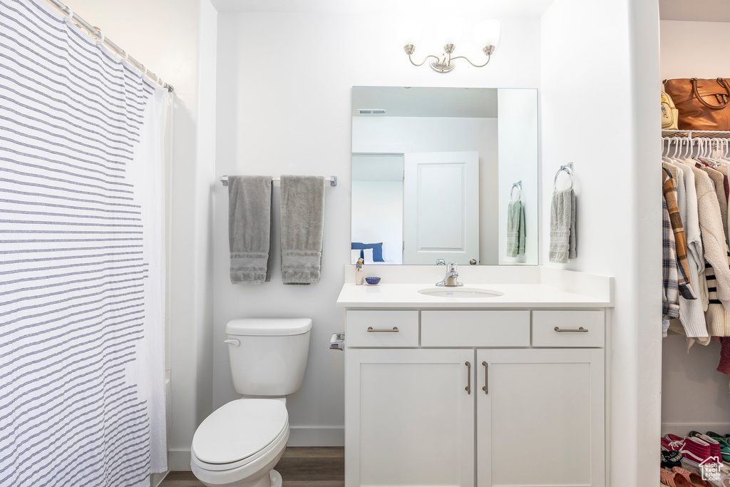 Bathroom featuring wood-type flooring, walk in shower, vanity, and toilet