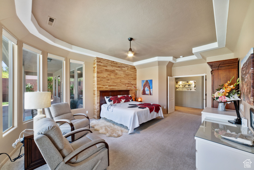 Bedroom featuring ceiling fan, a tray ceiling, and carpet