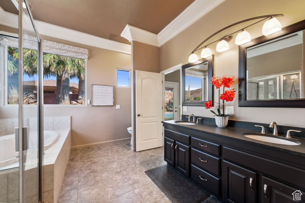 Bathroom featuring a healthy amount of sunlight, vanity, a relaxing tiled tub, and toilet