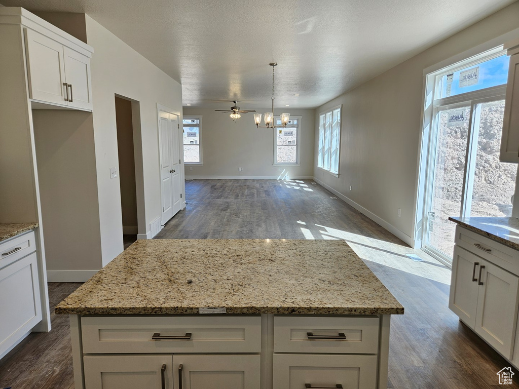 Kitchen featuring ceiling fan, hanging light fixtures, dark hardwood / wood-style floors, and a kitchen island