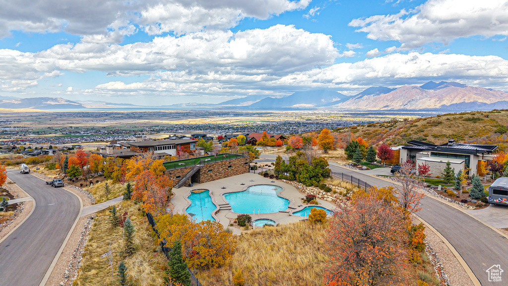 Drone / aerial view with a mountain view