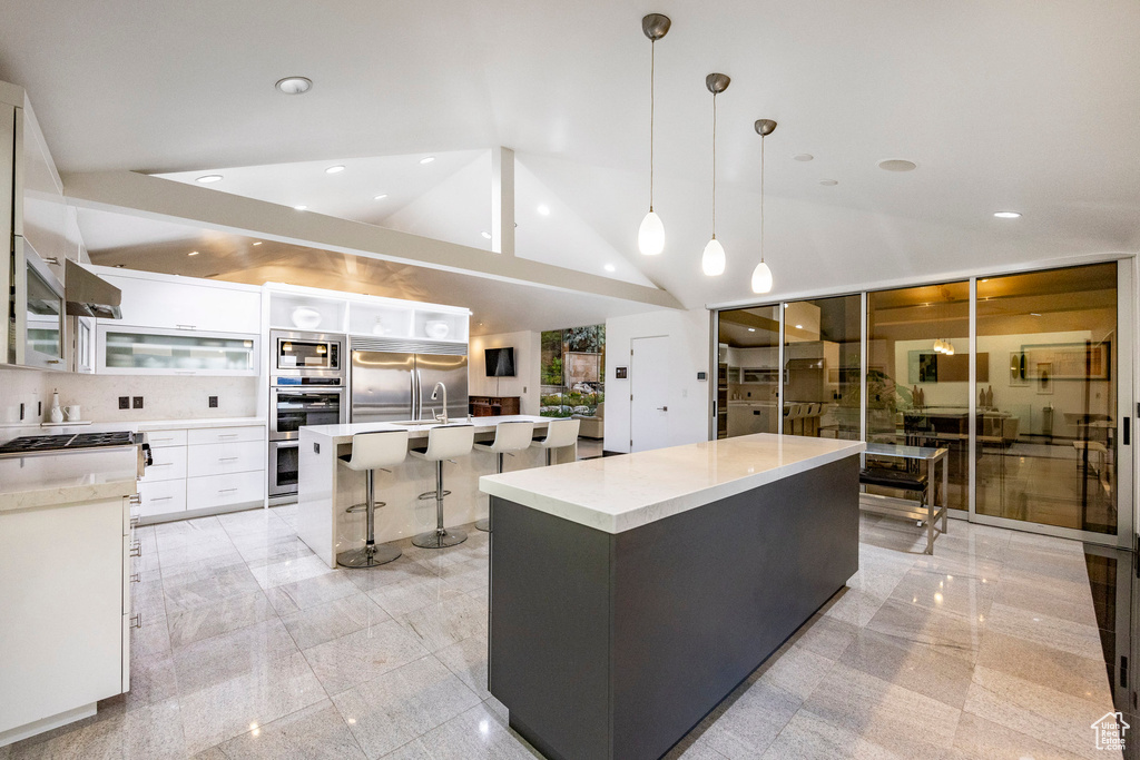 Kitchen featuring a spacious island, appliances with stainless steel finishes, modern cabinets, white cabinets, and vaulted ceiling
