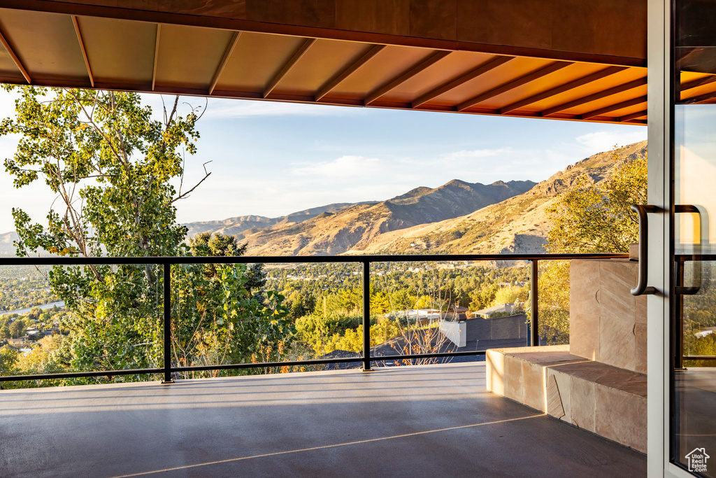 View of patio featuring a mountain view