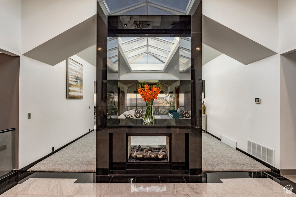 Detailed view of carpet floors and a skylight