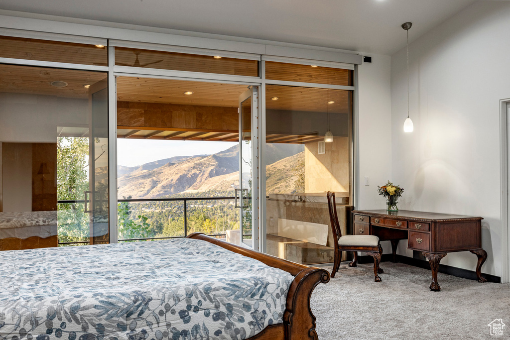 Carpeted bedroom featuring a mountain view and multiple windows