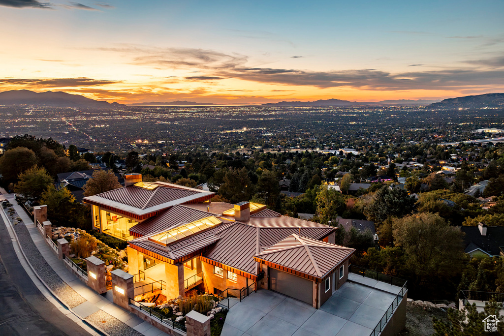 Aerial view at dusk with a mountain view